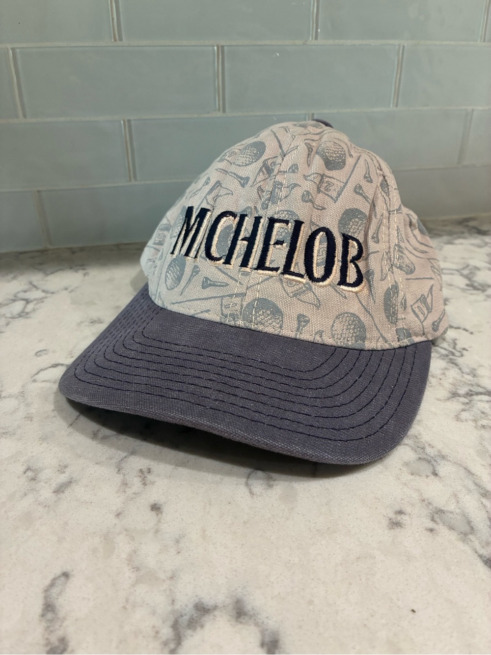 MICHELOB Logo vintage Golf Pattern Light Gray & Navy leather strap baseball hat